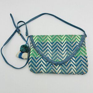 Steven by Steve Madden Woven Crossbody Bag Purse PVC Cotton Blues Gold NWT